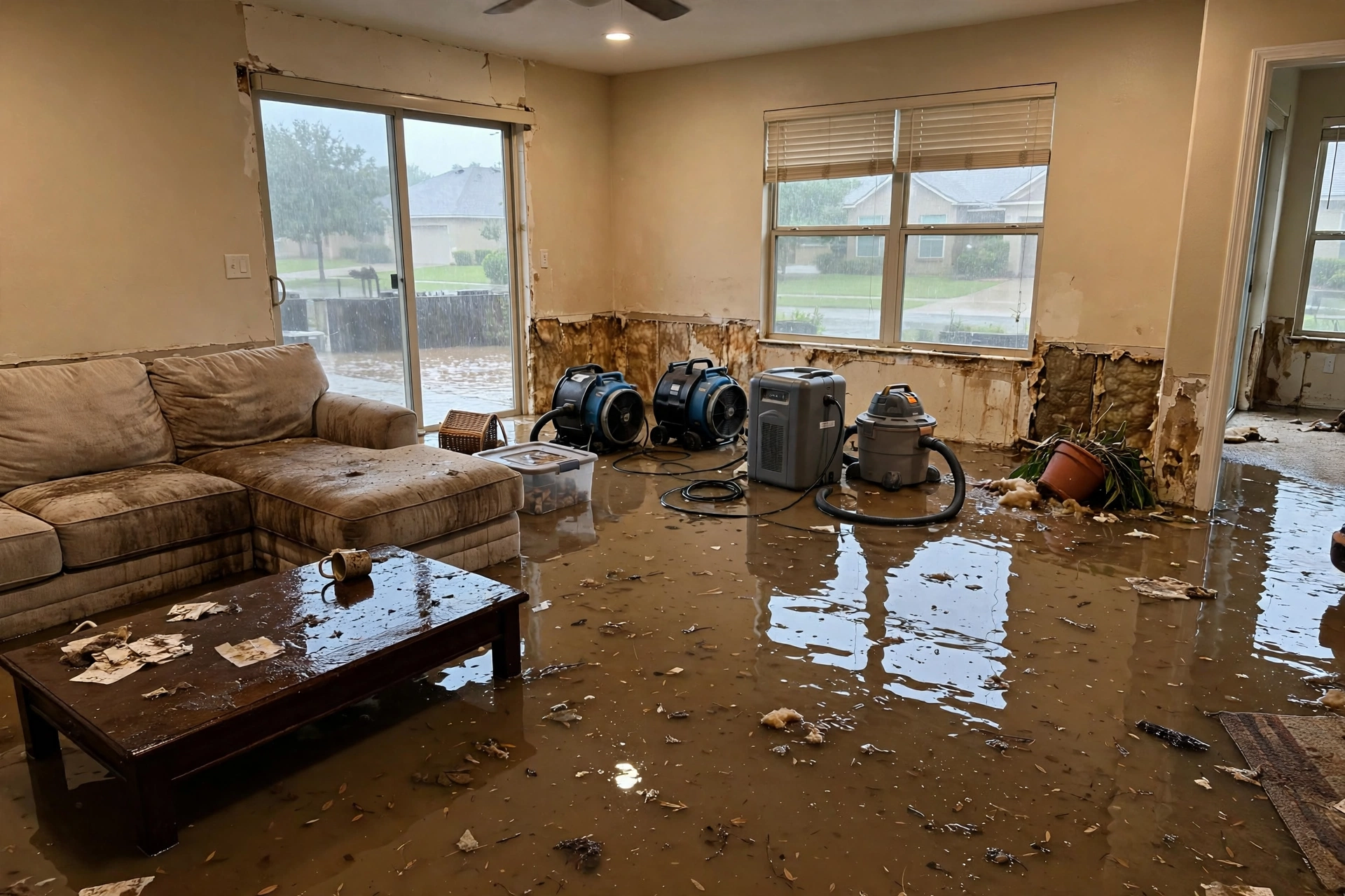 Flooded home interior with standing water in McKinney, TX